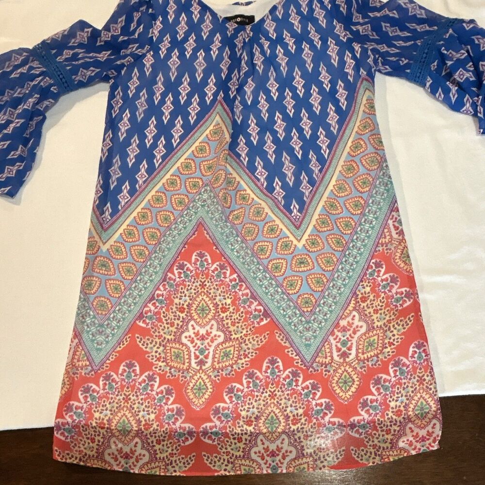 Amy Byer 3/4 Length Sleeve Girls Dress Size 16 Lined  Blue Geometrical Design